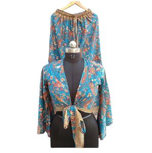 Ensemble de shorts en soie 100% tricotée à la main, écologiques, vintage, patchwork floral, avec cordon de serrage, pour femmes, style bohème, pour tous les jours, été - Product Image 1