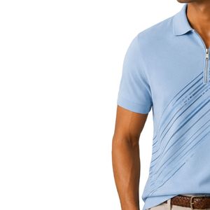 Polo Azul Claro para Hombre con Cierre, Estampado Diagonal, Manga Corta, Lujoso, Casual, Verano, Mezcla de Algodón, Diseño Personalizado, Camisa de Golf - Product Image 3