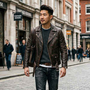 Men's Customized Classic <b>Long</b> Motor Jacket High Street Style Real Leather Handmade Cow Skin Top Layer High Quality - Product Image 1