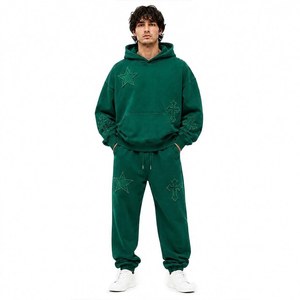 <b>Men</b> 2 Piece Autumn Tracksuit Set Oversized Hoodie Jogger Star <b>Cross</b> Patch Fleece Casual Custom OEM Wholesale Manufacturer - Product Image 2