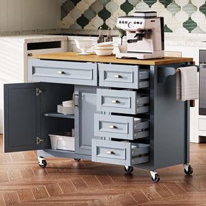 Isla de Cocina de 52 Pulgadas con Textura en Relieve, con Estante para Especias, Toallero, 2 Puertas y 5 Cajones, Islas y Carritos de Cocina con Ruedas - Product Image 3