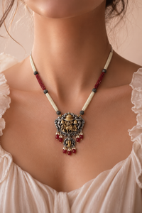 Collar con Colgante de Aleación de Cobre Vintage, Cuentas de Granate Creadas en Laboratorio, Diseño Religioso Hindú, para Mujer, Boda, 18 Pulgadas, Estilo Antiguo - Product Image 1