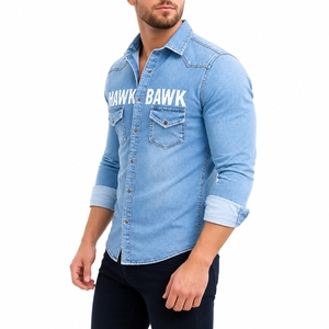 Camisa de mezclilla para hombre, corte ajustado, manga larga, cuello vuelto, algodón lavado, estilo casual con bolsillos, tela de mezclilla de alta calidad - Product Image 3