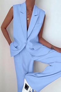 Women's Sleeveless <b>Blazer</b> <b>Set</b> Loose Fit Wide Leg Pants Two Piece Suit Casual Spring Summer Solid Color Blue Polyester - Product Image 5