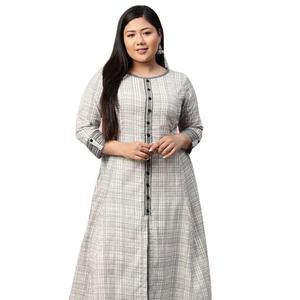 Kurta Anarkali pour femme en coton slub blanc crème à imprimé géométrique, col rond, manches trois-quarts, style ethnique mondial - Product Image 1