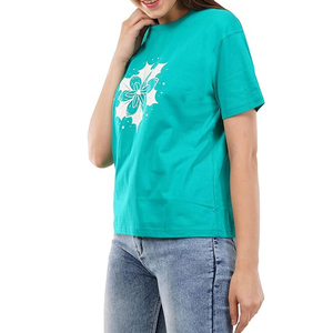 T-shirt décontracté pour femme, col rond, manches courtes, imprimé floral vert sarcelle, coupe ample, printemps-été, 100 % coton jersey tricoté - Product Image 5