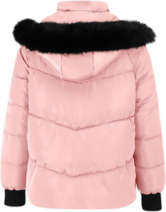 Pink Hooded Windproof <b>Fleece</b> Puffer <b>Jacket</b> Front Fur Trim Zipper Closure Casual Winter Wear Unisex <b>Thick</b> Polyester Wadding Slim - Product Image 2