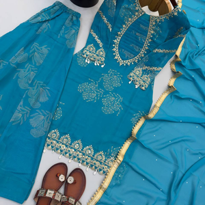 Blue Floral <b>Indian</b> Pakistani Set Embroidered Long <b>Top</b> Lace Hem Palazzo Pants Festive Salwar Kameez Outfit - Product Image 4