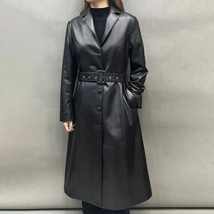 Disponible en stock, gabardina clásica de cuero auténtico para mujer, abrigo largo a la moda para mujer, prendas de vestir exteriores de piel de oveja auténtica - Product Image 1