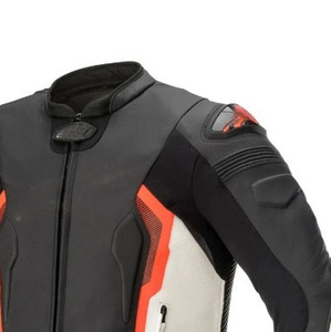 Men's Wool/Viscose Motorcycle <b>Jacket</b> Black White Orange Color Blocking Covered Button Closure Stand Collar Breathable Windproof - Product Image 6