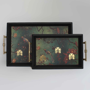 Juego de bandejas decorativas rectangulares con diseño floral rojo y asas doradas, diseño tradicional, 2 piezas - Product Image 3
