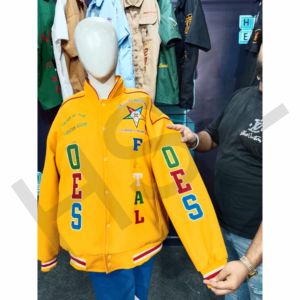 Custom OEM Varsity <b>Jacket</b> Yellow Letterman <b>Jacket</b> with Embroidered Patches and Ribbed Cuffs - Product Image 1