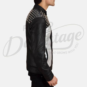 Chaqueta de Cuero para Hombre, Premium, Negra y Plateada con Tachuelas, Piel de Oveja Genuina, Estilo Punk Rock, Corte Ajustado, Chaqueta de Motociclista a la Moda - Product Image 4