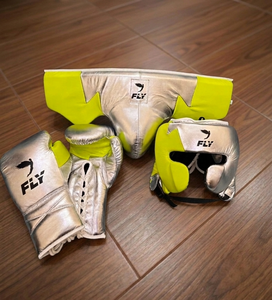 Fly Boxing <b>Gloves</b> Head Guard Groin Guard Set <b>Silver</b> Yellow Real Leather Lace-Up Customizable Lightweight Unisex MMA Martial Arts - Product Image 2