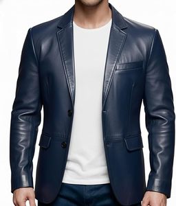 Men's Navy Blue Leather Blazer Slim Fit Turn-down Collar Single Button <b>Smart</b> <b>Casual</b> Autumn Wear - Product Image 3