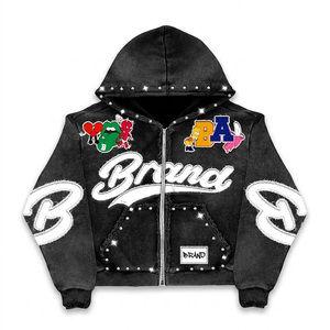 Ensembles de survêtements pour hommes très demandés, comprenant des sweats à capuche zippés épais, vintage, avec patchs et effet pierre, et des pantalons de survêtement à jambe droite, style bling et effet vieilli - Product Image 3