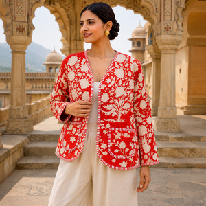 Chaqueta Acolchada de Algodón con Estampado Floral Rojo para Mujer, Ligera, Hecha a Mano, con Estampado Digital, Abertura Frontal, Prenda Exterior de Moda para Otoño e Invierno - Product Image 2