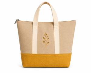 Sac fourre-tout en jute avec broderie, fermeture éclair, base moutarde, style minimaliste, doublure en coton - Idéal pour la plage, les voyages, le shopping et l'usage quotidien - Product Image 1