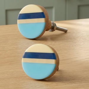 Bouton de tiroir rond en résine et bois, écologique, multifonctionnel, avec rayures bleues et beiges, style moderne, pour poignée de meuble de chambre - Product Image 1