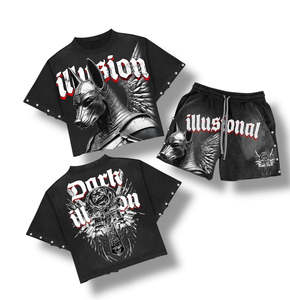 2026 Street Wear Graphic Skeleton Design Print Tapestry Loose Fit Full Button Summer Casual Rhinestone T Shirt and Short <b>Set</b> - Product Image 3