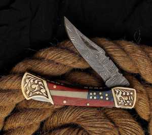 Cuchillo de bolsillo plegable de acero de Damasco hecho a mano al por mayor, mango con bandera americana, grado industrial, para camping y actividades al aire libre - Product Image 3
