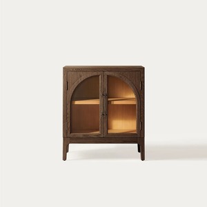 Modern <b>Rustic</b> Handmade Teak Wood Living Room Cabinet with Arched Glass Doors and Storage - Product Image 1