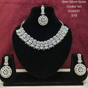 High Quality Latest Designed Fancy Collection Geometric silver Plated Pearl Kundan Necklace Earring Ring <b>Set</b> Women's Jewelry - Product Image 1