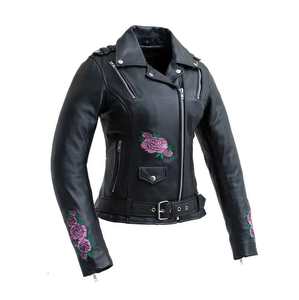 Veste en cuir florale brodée à la main pour femmes, veste authentique avec broderie florale, veste moto personnalisée tendance - Product Image 1