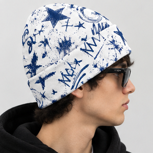 Custom Beanie Cap with Blue Graphic Print Pattern and Folded Cuff <b>Winter</b> Street Wear <b>Hat</b> for <b>Men</b> and Women Outdoor Wear Designs - Product Image 1