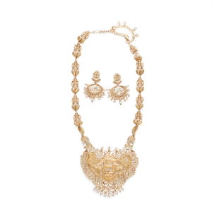 Intricate Laxmi Haram with Matte Gold Polish and Pearl Earrings - Product Image 2