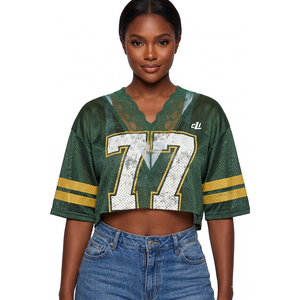 Chemisier court vert en maille à col en V en dentelle pour femme, avec impression de numéro personnalisée, épaules tombantes, coupe oversize, style décontracté printemps-été - Product Image 1