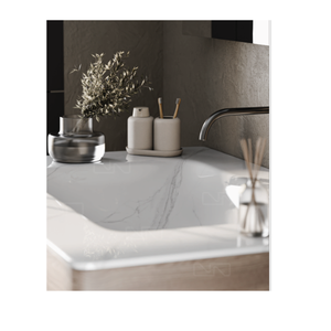 Lavabo de Baño Rectangular de Mármol para Encimera, Mueble de Madera, Diseño Moderno, Acabado Dorado, con Escurridor - Product Image 2