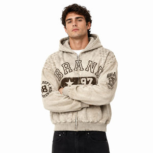 Sweat à capuche zippé vintage pour homme, 100% coton French Terry, teint en pièce, coupe oversize, logo imprimé sur le devant, style automne - Product Image 2
