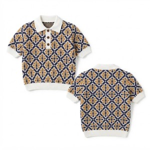 Suéter de Punto para Mujer, Manga Corta, Patrón Geométrico, Cuello Camisero, Cierre de Botones, Estilo Preppy, para Todas las Temporadas, 100% Acrílico - Product Image 1