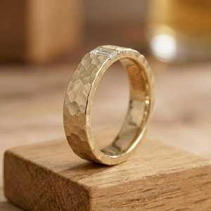 Unisex Hammered Finish Baguette Cut Lab Grown Wedding <b>Stacking</b> Band in Solid Gold Classic Handmade Matching <b>Ring</b> for Him or Her - Product Image 4