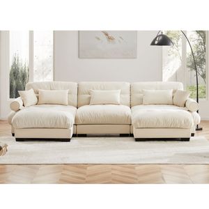 Divano Modulare a U Moderno a 3 Posti con Due Pouf Mobili, Cuscini Lombari e Cuscini Decorativi per Soggiorno - Product Image 3