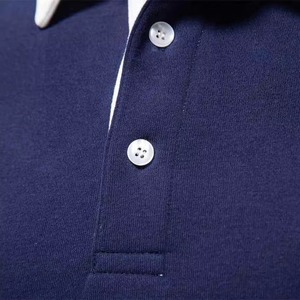 Mens Short Sleeve Knitted for Shirt Solid <b>Navy</b> Blue Contrast Collar Button Front Anti-Wrinkle Cotton Golf Style Smart Casual - Product Image 3