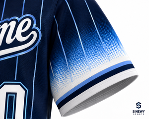 Maillot de baseball SINEWY SPORTS, sublimé, rayé, dégradé bleu et blanc, anti-transpiration, unisexe adulte, manches courtes, boutons sur le devant - Product Image 4