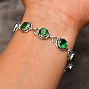 กำไลข้อมือพลอยโครเมียมไดโอไซด์ ทำมือ เงินแท้ 925 พลอยสีเขียวธรรมชาติ สำหรับผู้หญิง ขนาด 7 นิ้ว ของขวัญ - Product Image 4