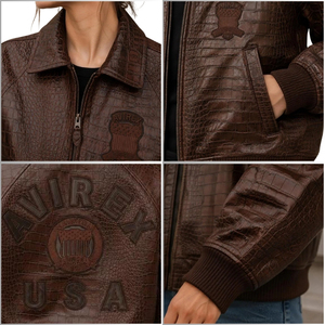 Chaqueta Bomber Corta de Cuero Genuino con Estampado de Cocodrilo Avirex, Diseño Nuevo y Grueso para Invierno, Venta al Por Mayor Personalizada |   Retro para Mujer - Product Image 4