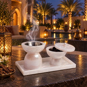 Ensemble brûleur de bakhoor en résine perlée, porte-encens en résine solide et acier inoxydable, brûleur d'oud arabe, plateau de rangement assorti, décoration de luxe - Product Image 3