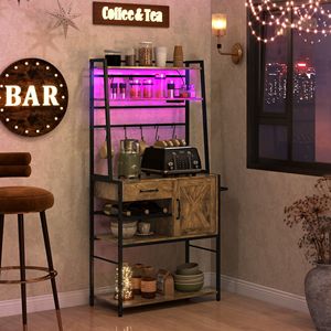 Scaffale da Cucina Industriale Marrone Rustico con Ripiani Aperti, Stazione di Ricarica, Portasciugamani LED - Multiuso per Abbigliamento - Product Image 4