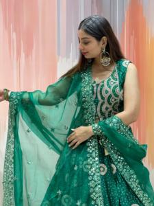 Luxury Dola Silk Long Shrug Style Chaniya Choli With Organza <b>Tissue</b> Dupatta Designer <b>Wedding</b> Wear Women Set - Product Image 2