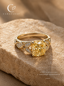 Bague de luxe en or massif 14K/18K avec diamant jaune taille coussin - Bijou fin vintage avec bande tressée en forme de feuille pour fiançailles et mariage - Product Image 1
