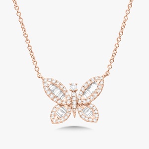 สร้อยคอจี้รูปผีเสื้อ ทองคำแท้ 14k ประดับเพชรทรงกลมและทรงบาแกตต์ เพชรเลี้ยงในห้องปฏิบัติการ ดีไซน์ซ้อนกันได้ หรูหราสำหรับทุกวัน ตัวล็อกแบบก้ามกุ้ง ขายส่ง - Product Image 5