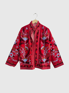 Veste en velours brodée, col mandarin, manches longues, motif floral, tenue d'automne, style élégant pour femmes adultes - Product Image 1