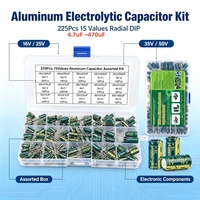 Kit d'assortiment de condensateurs électrolytiques en aluminium FYX Stock 225 pièces, 15 valeurs, 16V 25V 35V 50V, radiaux DIP, composants électroniques en boîte