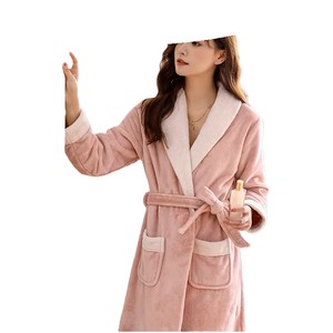 Robe de chambre longue en tissu éponge pour femme, manches longues, col en V, en coton doux, pour l'hiver, couleur unie, respirante, personnalisable - Product Image 2