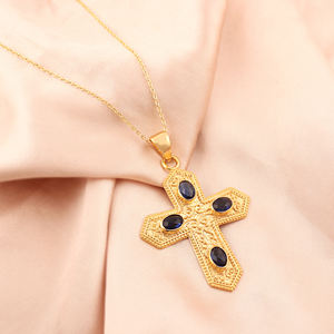 Hip hop <b>necklace</b> oval cut iolite blue quartz <b>crucifix</b> cross pendant <b>necklace</b> solid brass 18k gold plated fashion <b>women</b> <b>necklace</b> - Product Image 3