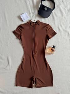 Custom Wholesale Women's Brown Solid Zip-Up Sleeveless High Stretch Spandex High Waist Skinny Fit Plus Size <b>Jumpsuit</b> - Product Image 4